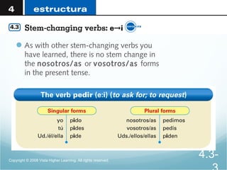As with other stem-changing verbs you
have learned, there is no stem change in
the nosotros/as or vosotros/as forms
in the present tense.
Copyright © 2008 Vista Higher Learning. All rights reserved.
4.3-
 