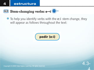 To help you identify verbs with the e:i stem change, they
will appear as follows throughout the text:
Copyright © 2008 Vista Higher Learning. All rights reserved.
4.3-
 