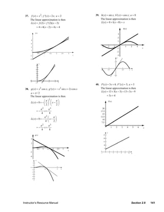 37.    f ( x) = x 2 ; f '( x) = 2 x; a = 2                        39. h( x) = sin x; h '( x) = cos x; a = 0
                        The linear approximation is then                                The linear approximation is then
                        L( x) = f (2) + f '(2)( x − 2)                                  L( x) = 0 + 1( x − 0) = x
                              = 4 + 4( x − 2) = 4 x − 4




                                                                                    40. F ( x ) = 3x + 4; F '( x) = 3; a = 3
                  38. g ( x) = x cos x; g '( x) = − x sin x + 2 x cos x
                                   2                      2                             The linear approximation is then
                                                                                        L( x) = 13 + 3( x − 3) = 13 + 3 x − 9
                      a =π /2
                      The linear approximation is then                                         = 3x + 4
                                                2
                                      ⎛π ⎞ ⎛   π⎞
                        L( x) = 0 + − ⎜ ⎟ ⎜ x − ⎟
                                      ⎝2⎠ ⎝    2⎠
                                   π2           π3
                              =−           x+
                                       4         8
                                           π ⎛
                                            2
                                                π⎞
                        L( x) = 0 + −        ⎜x− ⎟
                                           4 ⎝  2⎠
                                   π2           π3
                              =−           x+
                                       4         8




                Instructor’s Resource Manual                                                                            Section 2.9     141
© 2007 Pearson Education, Inc., Upper Saddle River, NJ. All rights reserved. This material is protected under all copyright laws as they
currently exist. No portion of this material may be reproduced, in any form or by any means, without permission in writing from the publisher.
 