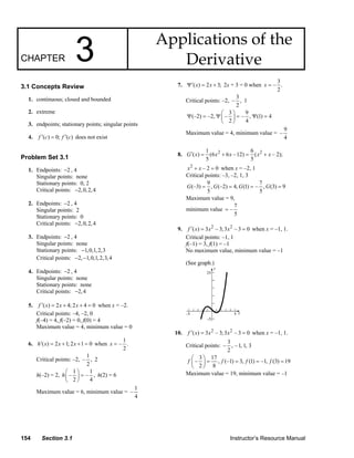 Applications of the
      CHAPTER                    3                                          Derivative
                                                                                                                               3
      3.1 Concepts Review                                                           7. Ψ ′( x) = 2 x + 3; 2x + 3 = 0 when x = – .
                                                                                                                               2
         1. continuous; closed and bounded                                                                     3
                                                                                       Critical points: –2, – , 1
                                                                                                               2
         2. extreme                                                                                      ⎛ 3⎞      9
                                                                                       Ψ (–2) = –2, Ψ ⎜ – ⎟ = – , Ψ (1) = 4
                                                                                                         ⎝  2⎠     4
         3. endpoints; stationary points; singular points
                                                                                                                                         9
                                                                                         Maximum value = 4, minimum value = –
         4.   f ′(c) = 0; f ′(c) does not exist                                                                                          4

                                                                                                1                   6
                                                                                    8. G ′( x) = (6 x 2 + 6 x –12) = ( x 2 + x – 2);
      Problem Set 3.1                                                                           5                   5
         1. Endpoints: −2 , 4                                                            x 2 + x – 2 = 0 when x = –2, 1
            Singular points: none                                                        Critical points: –3, –2, 1, 3
            Stationary points: 0, 2                                                                9                     7
                                                                                         G (–3) = , G (–2) = 4, G (1) = – , G (3) = 9
            Critical points: −2, 0, 2, 4                                                           5                     5
                                                                                         Maximum value = 9,
         2. Endpoints: −2 , 4                                                                                  7
            Singular points: 2                                                           minimum value = –
            Stationary points: 0                                                                               5
            Critical points: −2, 0, 2, 4
                                                                                    9.    f ′( x) = 3 x 2 – 3; 3x 2 – 3 = 0 when x = –1, 1.
         3. Endpoints: −2 , 4                                                            Critical points: –1, 1
            Singular points: none                                                        f(–1) = 3, f(1) = –1
            Stationary points: −1, 0,1, 2,3                                              No maximum value, minimum value = –1
            Critical points: −2, −1, 0,1, 2,3, 4
                                                                                         (See graph.)
         4. Endpoints: −2 , 4
            Singular points: none
            Stationary points: none
            Critical points: −2, 4

         5.    f ′( x) = 2 x + 4; 2 x + 4 = 0 when x = –2.
              Critical points: –4, –2, 0
              f(–4) = 4, f(–2) = 0, f(0) = 4
              Maximum value = 4, minimum value = 0
                                                                                   10.    f ′( x) = 3 x 2 – 3; 3x 2 – 3 = 0 when x = –1, 1.
                                                    1                                                      3
         6. h′( x) = 2 x + 1; 2 x + 1 = 0 when x = – .                                   Critical points: – , –1, 1, 3
                                                    2                                                      2
                                       1                                                    ⎛ 3 ⎞ 17
            Critical points: –2, – , 2                                                    f ⎜ – ⎟ = , f (–1) = 3, f (1) = –1, f (3) = 19
                                       2                                                    ⎝ 2⎠ 8
                           ⎛ 1⎞          1                                               Maximum value = 19, minimum value = –1
            h(–2) = 2, h ⎜ – ⎟ = – , h(2) = 6
                           ⎝   2⎠        4
                                                              1
              Maximum value = 6, minimum value = –
                                                              4




      154       Section 3.1                                                                                   Instructor’s Resource Manual
© 2007 Pearson Education, Inc., Upper Saddle River, NJ. All rights reserved. This material is protected under all copyright laws as they currently exist. No portion of
this material may be reproduced, in any form or by any means, without permission in writing from the publisher.
 