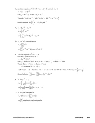 Instructor’s Resource Manual Section 15.2 895
6. Auxiliary equation: 2 2
6 9 0, ( 3) 0r r r+ + = + = has roots –3, –3.
–3
1 2( ) x
hy C C x e= +
Let – – –
; – ; .x x x
p p py Be y Be y Be′ ′′= = =
Then – – – –
( ) 6(– ) 9( ) 2 ;x x x x
Be Be Be e+ + = – – 1
4 2 ;
2
x x
Be e B= =
General solution: – –3
1 2
1
( )
2
x x
y e C C x e
⎛ ⎞
= + +⎜ ⎟
⎝ ⎠
7. –3 –
1 2
x x
hy C e C e= +
–31
–
2
x
py xe
⎛ ⎞
= ⎜ ⎟
⎝ ⎠
–3 –3 –
1 2
1
–
2
x x x
y xe C e C e
⎛ ⎞
= + +⎜ ⎟
⎝ ⎠
8. –
1 2( cos sin )x
hy e C x C x= +
–23
2
x
py e
⎛ ⎞
= ⎜ ⎟
⎝ ⎠
–2 –
1 2
3
( cos sin )
2
x x
y e e C x C x
⎛ ⎞
= + +⎜ ⎟
⎝ ⎠
9. Auxiliary equation: 2
– – 2 0,r r =
(r + 1)(r – 2) = 0 has roots –1, 2.
– 2
1 2
x x
hy C e C e= +
Let cos sin ;py B x C x= + – sin cos ;py B x C x′ = + – cos – sin .py B x C x′′ =
Then ( cos sin ) ( sin cos )
2( cos sin ) 2sin .
B x C x B x C x
B x C x x
− − − − +
− + =
( 3 )cos ( 3 )sin 2sinB C x B C x x− − + − = , so 3 0B C− − = so –3B – C = 0 and 3 2B C− = ;
1 –3
; .
5 5
B C= =
General solution: 2 –
1 2
1 3
cos – sin
5 5
x x
x x C e C e
⎛ ⎞ ⎛ ⎞
+ +⎜ ⎟ ⎜ ⎟
⎝ ⎠ ⎝ ⎠
10. –4
1 2
x
hy C e C= +
1 4
– cos sin
17 17
py x x
⎛ ⎞ ⎛ ⎞
= +⎜ ⎟ ⎜ ⎟
⎝ ⎠ ⎝ ⎠
–4
1 2
1 4
– cos sin
17 17
x
y x x C e C
⎛ ⎞ ⎛ ⎞
= + + +⎜ ⎟ ⎜ ⎟
⎝ ⎠ ⎝ ⎠
11. 1 2cos2 sin 2hy C x C x= +
1
(0) cos2 sin 2
2
py x x x x
⎛ ⎞
= + ⎜ ⎟
⎝ ⎠
1 2
1
sin 2 cos2 sin 2
2
y x x C x C x
⎛ ⎞
= + +⎜ ⎟
⎝ ⎠
© 2007 Pearson Education, Inc., Upper Saddle River, NJ. All rights reserved. This material is protected under all copyright laws as they currently exist. No
portion of this material may be reproduced, in any form or by any means, without permission in writing from the publisher.
 