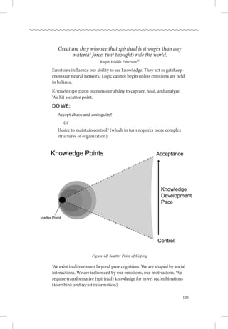 105
Great are they who see that spiritual is stronger than any
material force, that thoughts rule the world.
Ralph Waldo Emerson95
Emotions influence our ability to see knowledge. They act as gatekeep-
ers to our neural network. Logic cannot begin unless emotions are held
in balance.
Knowledge pace outruns our ability to capture, hold, and analyze. 
We hit a scatter point. 
Do we:
Accept chaos and ambiguity?
	 or
Desire to maintain control? (which in turn requires more complex
structures of organization)
Figure 42. Scatter Point of Coping
We exist in dimensions beyond pure cognition. We are shaped by social
interactions. We are influenced by our emotions, our motivations. We
require transformative (spiritual) knowledge for novel recombinations
(to rethink and recast information). 
 