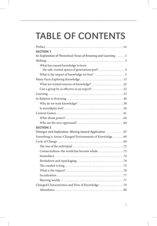 Table of Contents
Preface. .  .  .  .  .  .  .  .  .  .  .  .  .  .  .  .  .  .  .  .  .  .  .  .  .  .  .  .  .  .  .  .  .  .  .  .  .  .  .  .  .  .  .  .  .  .  .  .  .  .  .  . vii
Section 1
An Exploration of Theoretical Views of Knowing and Learning. .  .  .  .  . 1
Shifting… . .  .  .  .  .  .  .  .  .  .  .  .  .  .  .  .  .  .  .  .  .  .  .  .  .  .  .  .  .  .  .  .  .  .  .  .  .  .  .  .  .  .  .  .  .  .  .  .  .  . 3
	 What has caused knowledge to leave .
	    the safe, trusted spaces of generations past?. .  .  .  .  .  .  .  .  .  .  .  .  .  .  .  .  . 4
	 What is the impact of knowledge set free? . .  .  .  .  .  .  .  .  .  .  .  .  .  .  .  .  .  .  .  . 5
Many Faces Exploring Knowledge. .  .  .  .  .  .  .  .  .  .  .  .  .  .  .  .  .  .  .  .  .  .  .  .  .  .  .  .  . 13
	 What are trusted sources of knowledge?. .  .  .  .  .  .  .  .  .  .  .  .  .  .  .  .  .  .  .  .  . 22
	 Can a group be as effective as an expert?. .  .  .  .  .  .  .  .  .  .  .  .  .  .  .  .  .  .  .  .  . 22
Learning. .  .  .  .  .  .  .  .  .  .  .  .  .  .  .  .  .  .  .  .  .  .  .  .  .  .  .  .  .  .  .  .  .  .  .  .  .  .  .  .  .  .  .  .  .  .  .  .  .  .  . 25
In Relation to Knowing. .  .  .  .  .  .  .  .  .  .  .  .  .  .  .  .  .  .  .  .  .  .  .  .  .  .  .  .  .  .  .  .  .  .  .  .  .  . 49
	 Why do we want knowledge?. .  .  .  .  .  .  .  .  .  .  .  .  .  .  .  .  .  .  .  .  .  .  .  .  .  .  .  .  .  . 50
	 Is serendipity lost?. .  .  .  .  .  .  .  .  .  .  .  .  .  .  .  .  .  .  .  .  .  .  .  .  .  .  .  .  .  .  .  .  .  .  .  .  .  .  .  . 56
Context Games. .  .  .  .  .  .  .  .  .  .  .  .  .  .  .  .  .  .  .  .  .  .  .  .  .  .  .  .  .  .  .  .  .  .  .  .  .  .  .  .  .  .  .  .  . 61
	 What about power?. .  .  .  .  .  .  .  .  .  .  .  .  .  .  .  .  .  .  .  .  .  .  .  .  .  .  .  .  .  .  .  .  .  .  .  .  .  .  . 64
	 Who are the new oppressed?. .  .  .  .  .  .  .  .  .  .  .  .  .  .  .  .  .  .  .  .  .  .  .  .  .  .  .  .  .  .  . 64
Section 2
Changes and Implication–Moving toward Application. .  .  .  .  .  .  .  .  .  .  . 67
Something is Amiss–Changed Environments of Knowledge . .  .  .  .  .  . 69
Cycle of Change. .  .  .  .  .  .  .  .  .  .  .  .  .  .  .  .  .  .  .  .  .  .  .  .  .  .  .  .  .  .  .  .  .  .  .  .  .  .  .  .  .  .  .  . 69
	 The rise of the individual. .  .  .  .  .  .  .  .  .  .  .  .  .  .  .  .  .  .  .  .  .  .  .  .  .  .  .  .  .  .  .  .  .  . 72
	 Connectedness–the world has become whole . .  .  .  .  .  .  .  .  .  .  .  .  .  .  .  . 73
	 Immediacy. .  .  .  .  .  .  .  .  .  .  .  .  .  .  .  .  .  .  .  .  .  .  .  .  .  .  .  .  .  .  .  .  .  .  .  .  .  .  .  .  .  .  .  .  .  . 74
	 Breakdown and repackaging. .  .  .  .  .  .  .  .  .  .  .  .  .  .  .  .  .  .  .  .  .  .  .  .  .  .  .  .  .  .  . 74
	 The conduit is king. .  .  .  .  .  .  .  .  .  .  .  .  .  .  .  .  .  .  .  .  .  .  .  .  .  .  .  .  .  .  .  .  .  .  .  .  .  .  . 75
	 What is the impact? . .  .  .  .  .  .  .  .  .  .  .  .  .  .  .  .  .  .  .  .  .  .  .  .  .  .  .  .  .  .  .  .  .  .  .  .  .  . 76
	 Socialization. .  .  .  .  .  .  .  .  .  .  .  .  .  .  .  .  .  .  .  .  .  .  .  .  .  .  .  .  .  .  .  .  .  .  .  .  .  .  .  .  .  .  .  .  . 77
	 Blurring worlds. .  .  .  .  .  .  .  .  .  .  .  .  .  .  .  .  .  .  .  .  .  .  .  .  .  .  .  .  .  .  .  .  .  .  .  .  .  .  .  .  .  . 77
Changed Characteristics and Flow of Knowledge. .  .  .  .  .  .  .  .  .  .  .  .  .  .  .  . 79
	 Abundance. .  .  .  .  .  .  .  .  .  .  .  .  .  .  .  .  .  .  .  .  .  .  .  .  .  .  .  .  .  .  .  .  .  .  .  .  .  .  .  .  .  .  .  .  .  . 80
 