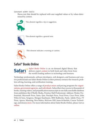 Constant width italic
Shows text that should be replaced with user-supplied values or by values deter‐
mined by context.
This element signifies a tip or suggestion.
This element signifies a general note.
This element indicates a warning or caution.
Safari® Books Online
Safari Books Online is an on-demand digital library that
delivers expert content in both book and video form from
the world’s leading authors in technology and business.
Technology professionals, software developers, web designers, and business and crea‐
tive professionals use Safari Books Online as their primary resource for research, prob‐
lem solving, learning, and certification training.
Safari Books Online offers a range of product mixes and pricing programs for organi‐
zations, government agencies, and individuals. Subscribers have access to thousands of
books, training videos, and prepublication manuscripts in one fully searchable database
from publishers like O’Reilly Media, Prentice Hall Professional, Addison-Wesley Pro‐
fessional, Microsoft Press, Sams, Que, Peachpit Press, Focal Press, Cisco Press, John
Wiley & Sons, Syngress, Morgan Kaufmann, IBM Redbooks, Packt, Adobe Press, FT
Press, Apress, Manning, New Riders, McGraw-Hill, Jones & Bartlett, Course Technol‐
ogy, and dozens more. For more information about Safari Books Online, please visit us
online.
xvi | Preface
 
