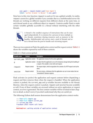 user_agent = request.headers.get('User-Agent')
return '<p>Your browser is %s</p>' % user_agent
Note how in this view function request is used as if it was a global variable. In reality,
request cannot be a global variable if you consider that in a multithreaded server the
threads are working on different requests from different clients at the same time, so
each thread needs to see a different object in request. Contexts enable Flask to make
certain variables globally accessible to a thread without interfering with the other
threads.
A thread is the smallest sequence of instructions that can be man‐
aged independently. It is common for a process to have multiple ac‐
tive threads, sometimes sharing resources such as memory or file
handles. Multithreaded web servers start a pool of threads and se‐
lect a thread from the pool to handle each incoming request.
TherearetwocontextsinFlask:theapplicationcontextandtherequestcontext.Table2-1
shows the variables exposed by each of these contexts.
Table 2-1. Flask context globals
Variable name Context Description
current_app Application context The application instance for the active application.
g Application context An object that the application can use for temporary storage during the handling of
a request. This variable is reset with each request.
request Request context The request object, which encapsulates the contents of a HTTP request sent by the
client.
session Request context The user session, a dictionary that the application can use to store values that are
“remembered” between requests.
Flask activates (or pushes) the application and request contexts before dispatching a
request and then removes them when the request is handled. When the application
context is pushed, the current_app and g variables become available to the thread;
likewise, when the request context is pushed, request and session become available
as well. If any of these variables are accessed without an active application or request
context, an error is generated. The four context variables will be revisited in later chap‐
ters in detail, so don’t worry if you don’t understand why they are useful yet.
The following Python shell session demonstrates how the application context works:
>>> from hello import app
>>> from flask import current_app
>>> current_app.name
Traceback (most recent call last):
...
RuntimeError: working outside of application context
The Request-Response Cycle | 13
 