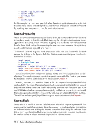 >>> app_ctx = app.app_context()
>>> app_ctx.push()
>>> current_app.name
'hello'
>>> app_ctx.pop()
In this example, current_app.name fails when there is no application context active but
becomes valid once a context is pushed. Note how an application context is obtained
by invoking app.app_context() on the application instance.
Request Dispatching
Whentheapplicationreceivesarequestfromaclient,itneedstofindwhatviewfunction
to invoke to service it. For this task, Flask looks up the URL given in the request in the
application’s URL map, which contains a mapping of URLs to the view functions that
handle them. Flask builds this map using the app.route decorators or the equivalent
nondecorator version app.add_url_rule().
To see what the URL map in a Flask application looks like, you can inspect the map
created for hello.py in the Python shell. For this test, make sure that your virtual envi‐
ronment is activated:
(venv) $ python
>>> from hello import app
>>> app.url_map
Map([<Rule '/' (HEAD, OPTIONS, GET) -> index>,
<Rule '/static/<filename>' (HEAD, OPTIONS, GET) -> static>,
<Rule '/user/<name>' (HEAD, OPTIONS, GET) -> user>])
The / and /user/<name> routes were defined by the app.route decorators in the ap‐
plication. The /static/<filename> route is a special route added by Flask to give access
to static files. You will learn more about static files in Chapter 3.
The HEAD, OPTIONS, GET elements shown in the URL map are the request methods that
are handled by the route. Flask attaches methods to each route so that different request
methods sent to the same URL can be handled by different view functions. The HEAD
and OPTIONS methods are managed automatically by Flask, so in practice it can be said
that in this application the three routes in the URL map are attached to the GET method.
You will learn about specifying different request methods for routes in Chapter 4.
Request Hooks
Sometimes it is useful to execute code before or after each request is processed. For
example, at the start of each request it may be necessary to create a database connection,
or authenticate the user making the request. Instead of duplicating the code that does
this in every view function, Flask gives you the option to register common functions to
be invoked before or after a request is dispatched to a view function.
14 | Chapter 2: Basic Application Structure
 
