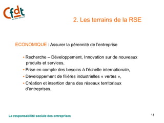 11
2. Les terrains de la RSE
ECONOMIQUE : Assurer la pérennité de l’entreprise
• Recherche – Développement, Innovation sur...