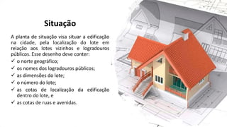 Situação
A planta de situação visa situar a edificação
na cidade, pela localização do lote em
relação aos lotes vizinhos e logradouros
públicos. Esse desenho deve conter:
✓ o norte geográfico;
✓ os nomes dos logradouros públicos;
✓ as dimensões do lote;
✓ o número do lote;
✓ as cotas de localização da edificação
dentro do lote, e
✓ as cotas de ruas e avenidas.
 