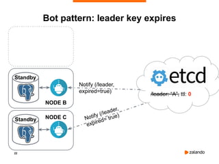 22
Bot pattern: leader key expires
Standby
NODE B
Standby NODE C
Notify (/leader,
expired=true)
Notify (/leader,
expired= true)
/leader: “A”, ttl: 0
 