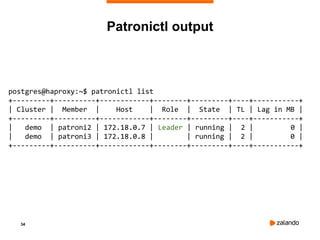 34
postgres@haproxy:~$ patronictl list
+---------+----------+------------+--------+---------+----+-----------+
| Cluster | Member | Host | Role | State | TL | Lag in MB |
+---------+----------+------------+--------+---------+----+-----------+
| demo | patroni2 | 172.18.0.7 | Leader | running | 2 | 0 |
| demo | patroni3 | 172.18.0.8 | | running | 2 | 0 |
+---------+----------+------------+--------+---------+----+-----------+
Patronictl output
 