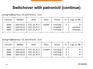 78
Switchover with patronictl (continue)
postgres@haproxy:~$ patronictl list
+---------+----------+------------+--------+---------+----+-----------+
| Cluster | Member | Host | Role | State | TL | Lag in MB |
+---------+----------+------------+--------+---------+----+-----------+
| demo | patroni1 | 172.21.0.5 | Leader | running | 2 | 0 |
| demo | patroni2 | 172.21.0.2 | | stopped | | unknown |
| demo | patroni3 | 172.21.0.4 | | running | | unknown |
+---------+----------+------------+--------+---------+----+-----------+
postgres@haproxy:~$ patronictl list
+---------+----------+------------+--------+---------+----+-----------+
| Cluster | Member | Host | Role | State | TL | Lag in MB |
+---------+----------+------------+--------+---------+----+-----------+
| demo | patroni1 | 172.21.0.5 | Leader | running | 2 | 0 |
| demo | patroni2 | 172.21.0.2 | | running | 2 | 0 |
| demo | patroni3 | 172.21.0.4 | | running | 2 | 0 |
+---------+----------+------------+--------+---------+----+-----------+
 