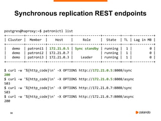 93
postgres@haproxy:~$ patronictl list
+---------+----------+------------+--------------+---------+----+-----------+
| Cluster | Member | Host | Role | State | TL | Lag in MB |
+---------+----------+------------+--------------+---------+----+-----------+
| demo | patroni1 | 172.21.0.5 | Sync standby | running | 1 | 0 |
| demo | patroni2 | 172.21.0.7 | | running | 1 | 0 |
| demo | patroni3 | 172.21.0.3 | Leader | running | 1 | 0 |
+---------+----------+------------+--------------+---------+----+-----------+
$ curl -w '%{http_code}n' -X OPTIONS http://172.21.0.5:8008/sync
200
$ curl -w '%{http_code}n' -X OPTIONS http://172.21.0.5:8008/async
503
$ curl -w '%{http_code}n' -X OPTIONS http://172.21.0.7:8008/sync
503
$ curl -w '%{http_code}n' -X OPTIONS http://172.21.0.7:8008/async
200
Synchronous replication REST endpoints
 