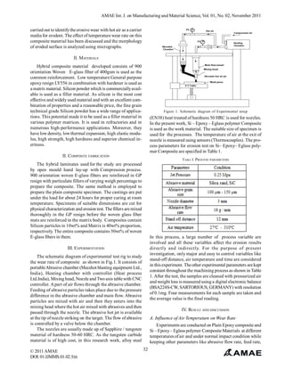 AMAE Int. J. on Manufacturing and Material Science, Vol. 01, No. 02, November 2011
carried out to identify the erosive wear with hot air as a carrier
media for erodent. The effect of temperature wear rate on this
composite material has been discussed and the morphology
of eroded surface is analyzed using micrographs.
II. MATERIALS
Hybrid composite material developed consists of 900
orientation Woven E-glass fiber of 400gsm is used as the
common reinforcement. Low temperature General purpose
epoxy resign LY556 in combination with hardener is used as
a matrix material. Silicon powder which is commercially available is used as a filler material. As silicon is the most cost
effective and widely used material and with an excellent combination of properties and a reasonable price, the fine grain
technical grade Silicon powder has a wide range of applications. This potential made it to be used as a filler material in
various polymer matrices. It is used in refractories and in
numerous high-performance applications. Moreover, they
have low density, low thermal expansion, high elastic modulus, high strength, high hardness and superior chemical inertness.

Figure 1. Schematic diagram of Experimental setup

(EN38) heat treated of hardness 50 HRC is used for nozzles.
In the present work, Si – Epoxy – Eglass polymer Composite
is used as the work material. The suitable size of specimen is
used for the processes. The temperature of air at the exit of
nozzle is measured using sensors (Thermocouples). The process parameters for erosion test on Si– Epoxy– Eglass polymer Composite are specified in Table 1.

II. COMPOSITE FABRICATION

TABLE I. PROCESS PARAMETERS

The hybrid laminates used for the study are processed
by open mould hand lay-up with Compression process.
900 orientation woven E-glass fibers are reinforced in GP
resign with particulate fillers of varying weigh percentage to
prepare the composite. The same method is employed to
prepare the plain composite specimen. The castings are put
under the load for about 24 hours for proper curing at room
temperature. Specimens of suitable dimensions are cut for
physical characterization and erosion test. The fillers are mixed
thoroughly in the GP resign before the woven glass fiber
mats are reinforced in the matrix body. Composites contain
Silicon particles in 10wt% and Matrix is 40wt% proportion,
respectively. The entire composite contains 50wt% of woven
E-glass fibers in them.

In this process, a large number of process variable are
involved and all these variables affect the erosion results
directly and indirectly. For the purpose of present
investigation, only major and easy to control variables like
stand-off distance, air temperature and time are considered
in this experiment. The other experimental parameters are kept
constant throughout the machining process as shown in Table
1. After the test, the samples are cleaned with pressurized air
and weight loss is measured using a digital electronic balance
(BSA224S-CW, SARTORIOUS, GERMANY) with resolution
of 0.1mg. Four measurements for each sample are taken and
the average value is the final reading.

III. EXPERIMENTATION
The schematic diagram of experimental test rig to study
the wear rate of composite as shown in Fig.1. It consists of
portable Abrasive chamber (Mecshot blasting equipment Ltd.,
India), Heating chamber with controller (Heat process
Ltd.India), Mixing head, Nozzle and Two axis table with CNC
controller. A part of air flows through the abrasive chamber.
Feeding of abrasive particles takes place due to the pressure
difference in the abrasive chamber and main flow. Abrasive
particles are mixed with air and then they enters into the
mixing head where the hot air mixed with abrasives and then
passed through the nozzle. The abrasive hot jet is available
at the tip of nozzle striking on the target. The flow of abrasive
is controlled by a valve below the chamber.
The nozzles are usually made up of Sapphire / tungsten
material of hardness 50-60 HRC. As the tungsten carbide
material is of high cost, in this research work, alloy steel
© 2011 AMAE
DOI: 01.IJMMS.01.02.516

IV. RESULT AND DISCUSSION
A. Influence of Air Temperature on Wear Rate
Experiments are conducted on Plain Epoxy composite and
Si – Epoxy – Eglass polymer Composite Materials at different
temperatures of air and under normal impact condition while
keeping other parameters like abrasive flow rate, feed rate,
32

 