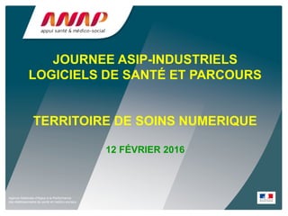 Agence Nationale d’Appui à la Performance
des établissements de santé et médico-sociaux
JOURNEE ASIP-INDUSTRIELS
LOGICIELS DE SANTÉ ET PARCOURS
TERRITOIRE DE SOINS NUMERIQUE
12 FÉVRIER 2016
 