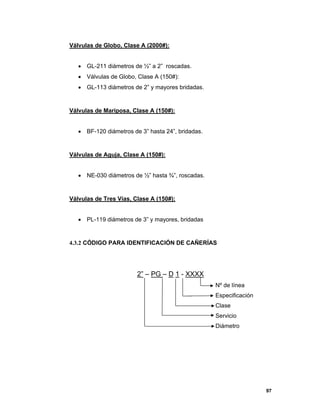 97
Válvulas de Globo, Clase A (2000#):
 GL-211 diámetros de ½” a 2” roscadas.
 Válvulas de Globo, Clase A (150#):
 GL-113 diámetros de 2” y mayores bridadas.
Válvulas de Mariposa, Clase A (150#):
 BF-120 diámetros de 3” hasta 24”, bridadas.
Válvulas de Aguja, Clase A (150#):
 NE-030 diámetros de ½” hasta ¾”, roscadas.
Válvulas de Tres Vías, Clase A (150#):
 PL-119 diámetros de 3” y mayores, bridadas
4.3.2 CÓDIGO PARA IDENTIFICACIÓN DE CAÑERÍAS
2” – PG – D 1 - XXXX
Nº de línea
Especificación
Clase
Servicio
Diámetro
 