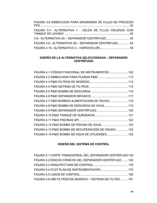vii
vii
FIGURA 3.6 SIMBOLOGÍA PARA DIAGRAMAS DE FLUJO DE PROCESO
PFD................................................................................................................ 42 
FIGURA 3.7.- ALTERNATIVA 1 - CELDA DE FLUJO CRUZADO CON
TANQUE DE LAVADO .................................................................................. 43 
3.8.- ALTERNATIVA 2A – SEPARADOR CENTRÍFUGO............................. 44 
FIGURA 3.9.- ALTERNATIVA 2B – SEPARADOR CENTRÍFUGO.............. 45 
FIGURA 3.10.- ALTERNATIVA 3 – HIDROCICLÓN..................................... 46
DISEÑO DE LA ALTERNATIVA SELECCIONADA – SEPARADOR
CENTRÍFUGO
FIGURA 4.1 CÓDIGO FUNCIONAL DE INSTRUMENTOS ....................... 102 
FIGURA 4.2 SIMBOLOGÍA PARA PLANOS P&ID ..................................... 113 
FIGURA 4.3 P&ID FILTROS DE INGRESO................................................ 114 
FIGURA 4.4 P&ID SISTEMA DE FILTROS ................................................ 115 
FIGURA 4.5 P&ID BOMBA DE DESCARGA .............................................. 116 
FIGURA 4.6 P&ID SEPARADOR BIFÁSICO.............................................. 117 
FIGURA 4.7 P&ID BOMBAS ALIMENTACIÓN DE CRUDO....................... 118 
FIGURA 4.8 P&ID BOMBA DE DESCARGA DE AGUA............................. 119 
FIGURA 4.9 P&ID SEPARADOR CENTRÍFUGO....................................... 120 
FIGURA 4.10 P&ID TANQUE DE SURGENCIA......................................... 121 
FIGURA 4.11 P&ID PISCINAS API............................................................. 122 
FIGURA 4.12 P&ID BOMBA DE PISCINA DE AGUA................................. 123 
FIGURA 4.13 P&ID BOMBA DE RECUPERACIÓN DE CRUDO............... 124 
FIGURA 4.14 P&ID BOMBA DE AGUA DE UTILIDADES.......................... 125
DISEÑO DEL SISTEMA DE CONTROL
FIGURA 5.1 CORTE TRANSVERSAL DEL SEPARADOR CENTRÍFUGO138 
FIGURA 5.2 DISCOS CÓNICOS DEL SEPARADOR CENTRIFUGO ....... 140 
FIGURA 5.3 ARQUITECTURA DE CONTROL........................................... 178 
FIGURA 5.4 PLOT PLAN DE INSTRUMENTACIÓN.................................. 179 
FIGURA 5.5 LAZOS DE CONTROL............................................................ 180 
FIGURA 5.6 HMI FILTROS DE INGRESO – SISTEMA DE FILTRO ......... 181 
 