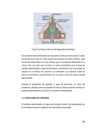 140
Figura 5.2 Discos Cónicos del Separador Centrifugo
En el interior del pie distribuidor se encuentran orificios a través de los cuales
se introduce el crudo en cada sección del paquete de discos cónicos, cada
uno de los discos tiene a su vez orificios que se encuentran taladrados en el
mismo sitio, de modo que se forma un canal ascendente para el paso de
petróleo deshidratado y agua de formación, permitiendo que los líquidos se
ubiquen en el tambor de acuerdo a su densidad. Los espacios entre los
discos se alimentan continuamente con el crudo a través de estos canales
ascendentes.
Durante la separación de petróleo y agua de formación, un disco de
separación ubicado sobre el paquete de discos cónicos permite conducir el
petróleo deshidratado a la cámara del rodete correspondiente.
5.2.4 DESCARGA DE LÍQUIDOS
El petróleo deshidratado y el agua de formación podrán ser descargados de
la centrífuga de discos mediante tres mecanismos de salida:
 