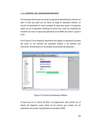 193
5.10.2 CONTROL DEL SEPARADOR BIFÁSICO
En esta etapa del proceso es donde se ejecuta la deshidratación primaria; es
decir el flujo que pasó por los filtros se dirige al separador bifásico, su
función es deshidratar la mayor cantidad de agua para pasar a la siguiente
etapa que es el separador centrífugo el mismo que rompe las moléculas de
emulsión de crudo en agua para garantizar que el BSW sea menor o igual al
0.5%.
En la Figura 5.18 se distingue claramente dos etapas: la separación primaria
del crudo en las cámaras del separador bifásico y las bombas que
intervienen directamente con las señales provenientes del separador.
Figura 5.18 Control del Separador Bifásico
Al igual que en el control de filtros, la programación está acorde con el
diseño del diagrama causa efecto de tal manera que cumpla con los
parámetros de proceso especificados en los planos P&ID.
 