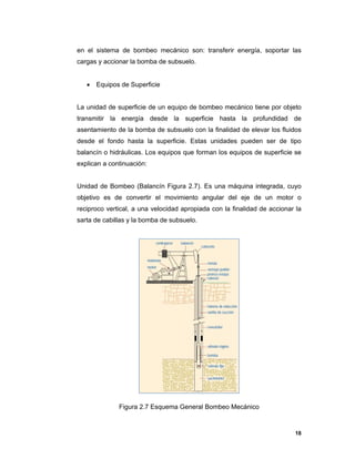 18
en el sistema de bombeo mecánico son: transferir energía, soportar las
cargas y accionar la bomba de subsuelo.
 Equipos de Superficie
La unidad de superficie de un equipo de bombeo mecánico tiene por objeto
transmitir la energía desde la superficie hasta la profundidad de
asentamiento de la bomba de subsuelo con la finalidad de elevar los fluidos
desde el fondo hasta la superficie. Estas unidades pueden ser de tipo
balancín o hidráulicas. Los equipos que forman los equipos de superficie se
explican a continuación:
Unidad de Bombeo (Balancín Figura 2.7). Es una máquina integrada, cuyo
objetivo es de convertir el movimiento angular del eje de un motor o
reciproco vertical, a una velocidad apropiada con la finalidad de accionar la
sarta de cabillas y la bomba de subsuelo.
Figura 2.7 Esquema General Bombeo Mecánico
 