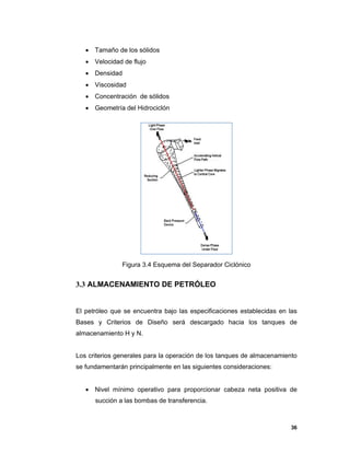 36
 Tamaño de los sólidos
 Velocidad de flujo
 Densidad
 Viscosidad
 Concentración de sólidos
 Geometría del Hidrociclón
Figura 3.4 Esquema del Separador Ciclónico
3.3 ALMACENAMIENTO DE PETRÓLEO
El petróleo que se encuentra bajo las especificaciones establecidas en las
Bases y Criterios de Diseño será descargado hacia los tanques de
almacenamiento H y N.
Los criterios generales para la operación de los tanques de almacenamiento
se fundamentarán principalmente en las siguientes consideraciones:
 Nivel mínimo operativo para proporcionar cabeza neta positiva de
succión a las bombas de transferencia.
 