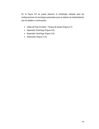 41
En la Figura 3.6 se puede observar la simbología utilizada para las
configuraciones de tecnología propuestas para el sistema de deshidratación
que se detallan a continuación:
 Celda de Flujo Cruzado - Tanque de lavado (Figura 3.7)
 Separador Centrífugo (Figura 3.8)
 Separador Centrífugo (Figura 3.9)
 Hidrociclón (Figura 3.10)
 