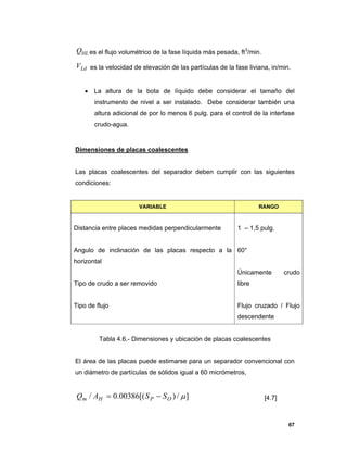 67
HLQ es el flujo volumétrico de la fase líquida más pesada, ft3
/min.
LdV es la velocidad de elevación de las partículas de la fase liviana, in/min.
 La altura de la bota de líquido debe considerar el tamaño del
instrumento de nivel a ser instalado. Debe considerar también una
altura adicional de por lo menos 6 pulg. para el control de la interfase
crudo-agua.
Dimensiones de placas coalescentes
Las placas coalescentes del separador deben cumplir con las siguientes
condiciones:
Tabla 4.6.- Dimensiones y ubicación de placas coalescentes
El área de las placas puede estimarse para un separador convencional con
un diámetro de partículas de sólidos igual a 60 micrómetros,
]/)[(00386.0/ OPHm SSAQ  [4.7]
VARIABLE RANGO
Distancia entre places medidas perpendicularmente
Angulo de inclinación de las placas respecto a la
horizontal
Tipo de crudo a ser removido
Tipo de flujo
1 – 1,5 pulg.
60°
Únicamente crudo
libre
Flujo cruzado / Flujo
descendente
 