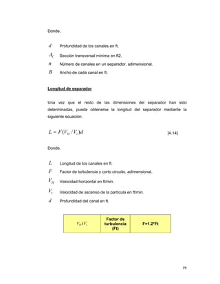 77
Donde,
d Profundidad de los canales en ft.
CA Sección transversal mínima en ft2.
n Número de canales en un separador, adimensional.
B Ancho de cada canal en ft.
Longitud de separador
Una vez que el resto de las dimensiones del separador han sido
determinadas, puede obtenerse la longitud del separador mediante la
siguiente ecuación:
dVVFL tH )/( [4.14]
Donde,
L Longitud de los canales en ft.
F Factor de turbulencia y corto circuito, adimensional.
HV Velocidad horizontal en ft/min.
tV Velocidad de ascenso de la partícula en ft/min.
d Profundidad del canal en ft.
HV / tV
Factor de
turbulencia
(Ft)
F=1.2*Ft
 