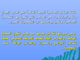 ‫‪‬‬

‫فتلك الركائز اللسالسية الربعة القائمة على ألساس اليمان‬
‫بال والرتباط ب ه، هي العناصر التي تتكون بها الشخصية‬
‫اللسلمية، وتتميز بوالسطتها عن الشخصيات الرخرى.‬

‫‪‬‬

‫وهفي بدورتهفا تتفاعفل بعضهفا مفع بعفض لتكون المخطط‬
‫الهادف، والحارس اليقفظ لتحديفد الموقفف السفلوكي، حينما‬
‫تتفاعففل الدوافففع والمحفزات والغرائففز الواقفففة رخلف‬
‫الشخصية...‬

 