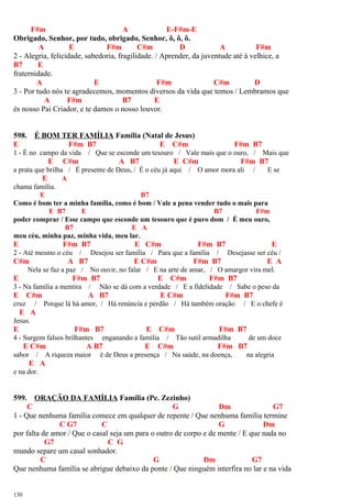 F#m A E-F#m-E
Obrigado, Senhor, por tudo, obrigado, Senhor, ô, ô, ô.
A E F#m C#m D A F#m
2 - Alegria, felicidade, sabedoria, fragilidade. / Aprender, da juventude até à velhice, a
B7 E
fraternidade.
A E F#m C#m D
3 - Por tudo nós te agradecemos, momentos diversos da vida que temos / Lembramos que
A F#m B7 E
és nosso Pai Criador, e te damos o nosso louvor.
598. É BOM TER FAMÍLIA Família (Natal de Jesus)
E F#m B7 E C#m F#m B7
1 - É no campo da vida / Que se esconde um tesouro / Vale mais que o ouro, / Mais que
E C#m A B7 E C#m F#m B7
a prata que brilha / É presente de Deus, / É o céu já aqui / O amor mora ali / E se
E A
chama família.
E B7
Como é bom ter a minha família, como é bom / Vale a pena vender tudo o mais para
E B7 E B7 F#m
poder comprar / Esse campo que esconde um tesouro que é puro dom / É meu ouro,
B7 E A
meu céu, minha paz, minha vida, meu lar.
E F#m B7 E C#m F#m B7 E
2 - Até mesmo o céu / Desejou ser família / Para que a família / Desejasse ser céu /
C#m A B7 E C#m F#m B7 E A
Nela se faz a paz / No ouvir, no falar / E na arte de amar, / O amargor vira mel.
E F#m B7 E C#m F#m B7
3 - Na família a mentira / Não se dá com a verdade / E a fidelidade / Sabe o peso da
E C#m A B7 E C#m F#m B7
cruz / Porque lá há amor, / Há renúncia e perdão / Há também oração / E o chefe é
E A
Jesus.
E F#m B7 E C#m F#m B7
4 - Surgem falsos brilhantes enganando a família / Tão sutil armadilha de um doce
E C#m A B7 E C#m F#m B7
sabor / A riqueza maior é de Deus a presença / Na saúde, na doença, na alegria
E A
e na dor.
599. ORAÇÃO DA FAMÍLIA Família (Pe. Zezinho)
C G Dm G7
1 - Que nenhuma família comece em qualquer de repente / Que nenhuma família termine
C G7 C G Dm
por falta de amor / Que o casal seja um para o outro de corpo e de mente / E que nada no
G7 C G
mundo separe um casal sonhador.
C G Dm G7
Que nenhuma família se abrigue debaixo da ponte / Que ninguém interfira no lar e na vida
130
 