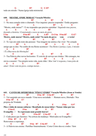 G D7 G C-D7
todo em missão / Numa Igreja toda ministerial.
640. MESTRE, ONDE MORAS? Vocação/Missões
E B7 A B7 E
1 - No meu coração sinto o chamado / Fico inquieto: preciso responder / Então pergunto:
B7 A B7 A E
“Mestre, onde moras?” / E me respondes que preciso caminhar / Seguindo teus passos,
A E A E B7
fazendo a história / Construindo o novo no meio do povo.
C#m F#m-B7 E A-B7 E-C#m F#m-B7 E-E7
Mestre, onde moras? Mestre, onde estás? No meio do povo: vem e verás!
E B7 A B7 E
2 - Te vejo em cada rosto das pessoas / Tua imagem me anima e faz viver / No coração
B7 A B7 A E A E
amigo que se doa / No sonho do teu Reino acontecer / Teu Reino é justiça, é paz, é missão
A E B7
/ É a Boa-nova da libertação!
E B7 A B7 E
3 - Tua Palavra abre novos horizontes / É convite de serviço aos irmãos / Me consagra, me
B7 A B7 A E A
envia a assumir / Teu projeto nesta vida, neste chão / Meu 'sim' é resposta, é meu jeito de
E A E B7
amar / Estar com teu povo, contigo morar...
641. CANTO DE OFERENDAS "PÃO E VINHO" Vocação/Missões (Jesus n/ Irmão)
E B7 F#m B7 C#m B7 E B7
1 - Vai surgindo um novo mundo / Uma nova sociedade / Homem novo, libertado / Nos
F#m B7 E E7
projetos da Trindade.
A E A E F#m G#7
Pão e vinho de nossas culturas / Resultado de nosso labor / Nossas vidas por teu
C#m-E F#m B7 E B7
Evangelho / Se expressam num grande louvor!
E B7 F#m B7 C#m B7 E B7
2 - Cada passo que fazemos / Na certeza da mudança / Motivados no Evangelho /
F#m B7 E E7
Renovamos a esperança.
E B7 F#m B7 C#m B7 E B7
3 - A Palavra nos ensina / Partilhar fraternalmente / Como Cristo deu-se a todos / Sem
152
 