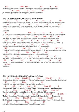 G#7 C#m F#7 B7 E E7
3 - Graças pela vida e a morte / Graças pelo canto e a dor / Bendize ao Senhor /
A Bbº E C B7
Minh'alma, povo meu: / A ele a glória, a honra e o louvor.
725. NOSSOS PASSOS, SENHOR (Graças, Senhor)
G C G C G C D7
1 - Quando / comecei andar teus passos / eu jamais imaginava / seguir por tais caminhos /
G C G C G D7
Aos poucos / nosso amor criou seus laços: / seduziste-me, Senhor, me encheste de
G
carinhos.
B7 Em C G C D7
A vida / dentro em mim ganhou sentido / vazio foi preenchido / por teu profundo amor / E
C Cº G Em Am A7 D7
aos poucos / o meu ser tu modelaste / tua vontade me mostraste / fizeste-me feliz.
G C G C G C D7 G
2 - Hoje / és abrigo e segurança / o meu único tesouro / a música da vida. / Contigo / o
C G C G D7 G
meu coração se lança / impelido pelo Amor primeiro e sem medida.
B7 Em C G C D7 C
E juntos / nós fazemos aventura / andar sempre à procura / de mares mais além. / Atentos à
Cº G Em Am A7 D7
missão que o Pai confia / construir a cada dia / o Reino de irmãos.
G C G C G C
3 - Toma / minhas mãos por entre as tuas / me sustenta pela estrada / que devo andar
D7 G C G C G D7
ainda. / Te peço / que esta obra tu concluas / e o Amor que a começou será meu céu -
G C-G
morada!
726. A FORÇA DA EUCARISTIA (Graças, Senhor)
E C#m F#m B7 E C#m F#m B7 E
1 - Quando te domina o cansaço / E já não puderes dar um passo / Quando o bem ao mal
E7 A F#m A B7
ceder / E tua vida não quiser / ver um novo amanhecer...
E E7 A Am E F#m B7 E
Levanta-te e come! Levanta-te e come! Que o caminho é longo, caminho longo!
E C#m F#m B7 E C#m F#m B7
Eu sou teu alimento, ó caminheiro / Eu sou o Pão da vida verdadeiro
E E7 A Am E F#m B7 E (B7)
Te faço caminhar / Vale e monte atravessar / Pela Eucaristia, Eucaristia!
E C#m F#m B7 E C#m F#m B7 E
2 - Quando te perderes no deserto / E a morte então sentires perto / Sem mais forças
E7 A F#m A B7
pra subir / Sem coragem de assumir / o que Deus de ti pedir...
186
 