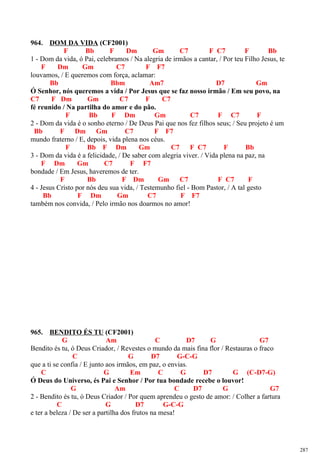 964. DOM DA VIDA (CF2001)
F Bb F Dm Gm C7 F C7 F Bb
1 - Dom da vida, ó Pai, celebramos / Na alegria de irmãos a cantar, / Por teu Filho Jesus, te
F Dm Gm C7 F F7
louvamos, / E queremos com força, aclamar:
Bb Bbm Am7 D7 Gm
Ó Senhor, nós queremos a vida / Por Jesus que se faz nosso irmão / Em seu povo, na
C7 F Dm Gm C7 F C7
fé reunido / Na partilha do amor e do pão.
F Bb F Dm Gm C7 F C7 F
2 - Dom da vida é o sonho eterno / De Deus Pai que nos fez filhos seus; / Seu projeto é um
Bb F Dm Gm C7 F F7
mundo fraterno / E, depois, vida plena nos céus.
F Bb F Dm Gm C7 F C7 F Bb
3 - Dom da vida é a felicidade, / De saber com alegria viver. / Vida plena na paz, na
F Dm Gm C7 F F7
bondade / Em Jesus, haveremos de ter.
F Bb F Dm Gm C7 F C7 F
4 - Jesus Cristo por nós deu sua vida, / Testemunho fiel - Bom Pastor, / A tal gesto
Bb F Dm Gm C7 F F7
também nos convida, / Pelo irmão nos doarmos no amor!
965. BENDITO ÉS TU (CF2001)
G Am C D7 G G7
Bendito és tu, ó Deus Criador, / Revestes o mundo da mais fina flor / Restauras o fraco
C G D7 G-C-G
que a ti se confia / E junto aos irmãos, em paz, o envias.
C G Em C G D7 G (C-D7-G)
Ó Deus do Universo, és Pai e Senhor / Por tua bondade recebe o louvor!
G Am C D7 G G7
2 - Bendito és tu, ó Deus Criador / Por quem aprendeu o gesto de amor: / Colher a fartura
C G D7 G-C-G
e ter a beleza / De ser a partilha dos frutos na mesa!
287
 
