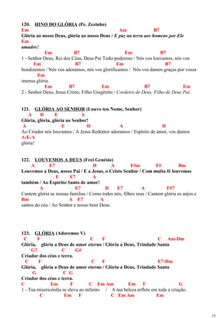 120. HINO DO GLÓRIA (Pe. Zezinho)
Em Am B7
Glória ao nosso Deus, glória ao nosso Deus / E paz na terra aos homens por Ele
Em
amados!
Em B7 Em B7
1 - Senhor Deus, Rei dos Céus, Deus Pai Todo-poderoso / Nós vos louvamos, nós vos
Em B7 Em B7
bendizemos / Nós vos adoramos, nós vos glorificamos / Nós vos damos graças por vossa
Em
imensa glória.
Em B7 Em B7 Em
2 - Senhor Deus, Jesus Cristo, Filho Unigênito / Cordeiro de Deus, Filho de Deus Pai.
121. GLÓRIA AO SENHOR (Louvo teu Nome, Senhor)
A D E A
Glória, glória, glória ao Senhor!
A E D A D
Ao Criador nós louvamos / A Jesus Redentor adoramos / Espírito de amor, vos damos
A-E-A
glória!
122. LOUVEMOS A DEUS (Frei Genésio)
A E7 D A F#m F# Bm
Louvemos a Deus, nosso Pai / E a Jesus, o Cristo Senhor / Com muita fé louvemos
E E7 A
também / Ao Espírito Santo de amor!
A E7 D E7 A F#7
Cantem glória as nossas famílias / Como todos nós, filhos seus / Cantem glória os anjos e
Bm A E7 A
santos do céu / Ao Senhor e nosso bom Deus.
123. GLÓRIA (Adoremos V)
C F C F C Am-Dm
Glória, glória a Deus de amor eterno / Glória a Deus, Trindade Santa
G7 C G#
Criador dos céus e terra.
C F C F E7-Dm
Glória, glória a Deus de amor eterno / Glória a Deus, Trindade Santa
G C G
Criador dos céus e terra.
C Em F C Em Am Em F G
1 - Tua misericórdia se eleva ao infinito / A tua beleza reflete em toda a criação.
C Em F C Em Am Em
33
 