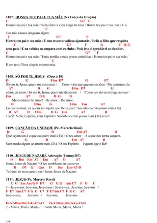 1107. HONRA TEU PAI E TUA MÃE (Na Força da Oração)
C G7 F
Honra teu pai e tua mãe / Serás feliz e vida longa tu terás / Honra teu pai e tua mãe / E a
C
eles não causes desgosto algum.
C C7 F
Honra teu pai e tua mãe / E um tesouro valioso ajuntarás / Feliz o filho que respeita
C G7 F G C (G7)
seus pais / E na velhice os ampara com carinho / Pois isso é agradável ao Senhor.
C G7 F
Honra teu pai e tua mãe / Terás perdão e tuas preces atendidas / Honra teu pai e tua mãe /
C
E em teus filhos alegria encontrarás.
1108. SÓ POR TI, JESUS (Deus é 10)
D G F#m D7 G E7
Só por ti, Jesus, quero me consumir / Como vela que queima no altar / Me consumir de
A7 D G F#m D7 G
amor, de amor / Só em ti, Jesus, quero me derramar / Como um rio se entrega ao mar /
Em A7 D G D G D
Me derramar de amor! De amor... De amor...
D F#m G F#m Em A7
Eu quero amar, eu quero ser aquilo que Deus quer / Sozinho eu não posso mais (3x)
D A7 D F#m D G Em A7 D
viver! Vem, Espírito, vem Espírito / Sozinho eu não posso mais (3x) viver!
1109. CANÇÃO DA UNIDADE (Pe. Marcelo Rossi)
D G D Em A7 D
Que sejam um é o que eu quero mais (2x) / O teu amor é o que nos torna capazes.
G D Em A7 D
Sem medo algum se amem mais (2x) / O teu Espírito é quem age e faz!
1110. JESUS DE NAZARÉ Adoração (Comep367)
D Bm Em A7 Em A7 D A7
Jesus, Jesus de Nazaré / O teu semblante eu quero ter
D D7 G Gm D Bm Em-A7-D
Tal qual és tu eu quero ser / Jesus, Jesus de Nazaré.
1111. JESUS (Pe. Marcelo Rossi)
C G Am Am/G F D7 G C G Am C7 F G C
1 - Je-e-e-sus, Je-e-sus, Je-e-e-sus / Je-e-e-sus, Je-e-sus, Je-e-sus /
F E7 Am C7 F G C C7 F E7Am C7 F G C A7
Je-e-e-sus, Je-e-sus / Je-e-sus, Je-e-sus.
D-A7-Bm-Bm/A-G-E7-A7 D-A7-Bm-Bm/A-G-A7-D
2 - Maria, Maria, Maria / Santa Maria, Maria, Maria /
334
 