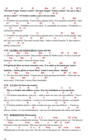 D G D Bm E7 A7 D D7 G
“Eis meu Corpo: Tomai e comei! / Eis meu Sangue: Tomai e bebei! / Eu sou a vida e
D A7 D A7
eu sou o amor!” / O Senhor conduz o povo em seu amor.
D G D Bm
2 - O Senhor nos tem amado / Como nunca alguém amou / Foi um pobre carpinteiro / Que
E7 A7 D D7 G D
viveu em Nazaré. / Trabalhou com suas mãos / E a igualdade ele ensinou. / O trabalho e o
A7 D A7
sofrimento conheceu!
D G D Bm
3 - O Senhor nos tem amado / Como nunca alguém amou / Seu amor era tão grande / Que
E7 A7 D D7 G D
na Cruz veio a morrer / Seu amor era tão forte, / Sobre a morte triunfou / E dos mortos o
A7 D A7
Senhor ressuscitou!
1135. GLÓRIA AO NOSSO DEUS (Agnus Dei 96)
G Bm Em Bm C D7 G Bm
1 - Quando a Igreja se levanta / Para exaltar o nome do Senhor Jesus / O céu e a terra em
Em Bm C D7
harmonia / Irão cantar o nome do Senhor Jesus,
C D7 C Am D7
O Espírito de Deus ao nosso encontro vem... E os anjos se levantam pra cantar
G Em C D7
também... Amém, glória ao nosso Deus! Santo é nosso Deus! Aleluia!
G Bm Em Bm C D7 G Bm
2 - Nos louvores Deus habita, / Vamos provar desta presença do Senhor. / Sente que em
Em Bm C D7
nosso meio / Está Jesus, o nosso Deus dominador.
1136. A CASA (Na força da oração)
G7 C D G C G
Mas se o Senhor não edificar a casa / Em vão trabalham os seus operários.
G D C G D
1 - Um homem imprudente, certa vez, / sobre a areia sua casa, sua casa edificou. / Veio a
G D C G D
chuva, veio o vento, o temporal, / e como os rios transbordaram foi grande a sua queda.
G D C G D
2 - O homem prudente porém, / sobre a rocha sua casa, sua casa edificou. / Vieram as
G D C G D
chuvas, ventos, e os rios transbordaram, / mas sua casa abençoada não sofreu mal algum.
1137. HORIZONTES (Horizontes)
E A E A E F#m B7 C#m
1 - Naquela curva a estrada não termina / Vai mais longe do que eu posso ver / Na linha do
G#m C#m F#m A B7 E A-B7
horizonte o mar não termina / Não vejo, mas nem tudo eu posso ver.
E A E A E F#m B7 C#m G#m
Olhando para o céu não vejo a lua / De dia a lua eu não posso ver / Mesmo se anoitece, a
342
 