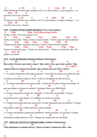 E A B7 E E F#m B7 E
Pr'um homem de fé Deus abriu caminho: (2x) / E o mar se abriu, e o povo passou, / e os
F#m B7 E
israelitas louvavam o Senhor!
E A B7 E E F#m B7 E
Um homem sem fé fecha seu caminho: (2x) / E o mar fechou, e o Egito se afogou, / e os
F#m B7 E
israelitas louvavam o Senhor!
1225. VAMOS VIVER COMO IRMÃOS (Viver como Irmãos)
E F#m G#m (A-E) (F#m-G#m) (A-B7)
Vamos, vamos viver como irmãos! (3x)
E F#m G#m F#m G#m F#m B7
Venha, me dê a mão / Vamos cantar a mesma canção / Vamos seguir na mesma direção /
E F#m G#m F#m G#m F#m B7
Celebrar nossa união / Festejar a salvação / Louvar a Deus de todo coração!
C#m G#m C#m G#m C#m G#m
Vamos ser canais da graça, / Vamos ser canais da paz / Vamos ser canais da vida, / Do
A F#m B7
perdão e do amor!
1226. CANÇÃO DO DECÁLOGO (Infância Missionária)
E B7 E B7 E
Que cante o branco, que cante o negro / Que cante o rico, que cante o pobre / Que
A E B7 E A-B7-E
cantem todas as crianças do mundo / Que cantem todos que Deus é amor!
E B7 E B7 E
1 - A criança missionária olha todas as pessoas / Com olhos de irmão, com olhos de irmã /
A E B7 E
A criança missionária conhece a Jesus / E não se envergonha de falar de Jesus.
E B7 E B7 E
2 - A criança missionária reza todos os dias / Ao Pai do Céu pelas crianças do mundo / E
A E B7 E
quer que todas as crianças do mundo / Conheçam Jesus e sua Mãe Maria.
E B7 E B7 E
3 - Criança missionária sempre diz ‘obrigado’ / E fica feliz em partilhar / Criança
A E B7 E
missionária serve com alegria / E é solidária no serviço aos irmãos.
E B7 E B7 E
4 - Criança missionária sabe que sua pessoa / É mais importante que seu dinheiro / Criança
A E B7 E
missionária é generosa / Sabe sacrificar-se pelos demais.
E B7 E B7 E
5 - Criança missionária, quando tem problemas / Busca soluções e as encontra / Criança
A E B7 E
missionária sempre pensa em ‘nós’ / Porque seu coração não tem fronteiras.
1227. HINO DA INFÂNCIA MISSIONÁRIA (Infância Missionária)
G D7 G
Vida abundante ao mundo ofereço / Quero acender a chama do amor / Sou
372
 