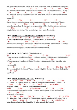 Eu quero estar em tua vida, cuidar de ti, te dar todo o meu amor / Compartilhar contigo do
D E7 E D E C#7 F#m
teu dia a dia, viver contigo, participar da tua alegria / Vou te consolar na tristeza e na dor,
D E4 E A F#m D E4
e transformar todo o teu interior / Se tu estás árido como o deserto, enfraquecido, minado
E
na tua fé!
A F#m D E7 E
Se me invocas, sempre vou estar perto, busque a mim, sou o teu amigo certo / Vou te
A F#m D E4 E A
consolar, quero fazer de ti criatura nova, quero dizer: / Meu Espírito renova, renova teu
F#m D E7 E
ser, é só conviver comigo / Experimentar, que sou o teu melhor amigo!
1595. VEM SANTO ESPÍRITO CONSOLADOR (Espírito Santo)
D A7 D G D A7 D A7 D G D A7 D
Vem, Santo Espírito Consolador! / Acende a chama do nosso amor!
D Bm Em A7 D D7
Luz do céu que vem para nos consolar / Dom que o Pai mandou para santificar / Claridade
G A7 D
santa que vem nos guiar / Força no caminho que vamos andar.
1596. VEM, ESPÍRITO SANTO (Agnus Dei 96)
D F#m G A7 D A7
Vem, vem, vem, vem Espírito Santo, / Realizar o projeto / De Deus para a minha salvação!
D F#m G Em
/ Vem, vem, vem, vem Espírito Santo / Envolver o meu coração, / Vem preencher todo
A7
vazio que há!
D G D G F#m Bm Em-A7
Eu te adoro (Espírito Santo) / No meu louvor (Espírito Santo) / Exaltado és, Espírito
D (A7)
de Deus!
1597. VINDE, Ó ESPÍRITO SANTO (Vida Reluz)
A C#m F#m C#m D A Bm E7 A C#m
1 - Vinde, ó Espírito Santo, / Enchei os corações dos vossos fiéis. / Vinde, ó
F#m C#m D A Bm E A A-C#7-F#m
Espírito Santo, / Enchei os corações dos vossos fiéis.
F#m C#m A (A-C#-F#m) E7 D C#m
Acendei neles o fogo do vosso amor, / Enviai o vosso Espírito / E tudo será criado, e
D Bm E7
renovareis a face da terra.
A C#m F#m C#m D A Bm E7 A C#m
2 - Doce, doce Espírito Santo, / Exemplo quero ser da Mãe do meu Senhor. / Doce,
F#m C#m D A Bm E A A-C#7-F#m
doce Espírito Santo, / Fazei também de mim, morada do Senhor!
421
 