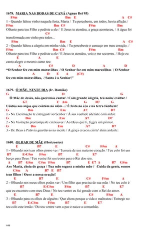 1678. MARIA NAS BODAS DE CANÁ (Agnus Dei 95)
F#m Bm E A C#
1 - Quando faltou vinho naquela festa, Maria / Tu percebeste, em todos, havia aflição./
F#m Bm C# F#m Bm
Olhaste para teu Filho e pediste a ele / E Jesus te atendeu, a graça aconteceu, / A água foi
C#
transformada em vinho pra todos...
F#m Bm E A C#
2 - Quando faltou a alegria em minha vida, / Tu percebeste o cansaço em meu coração. /
F#m Bm C# F#m Bm
Olhaste para teu Filho e pediste a ele / E Jesus te atendeu, veio e me socorreu. / Hoje eu
E A E
canto alegre o mesmo canto teu:
A C# D A D
“O Senhor fez em mim maravilhas / O Senhor fez em mim maravilhas / O Senhor
A D E A (C#)
fez em mim maravilhas, / Santo é o Senhor!”
1679. Ó MÃE, NESTE DIA (Ir. Damião)
G D G
Ó Mãe de Jesus, nós queremos cantar / Com grande alegria, teu nome exaltar /
G7 C Am G D7 G
Unidos aos anjos que cantam no além... / É festa no céu e na terra também!
G Bm Em A7 D7
1 - Na Encarnação te entregaste ao Senhor / À sua vontade aderiste com ardor.
G Bm Em A7 D7
2 - Na Visitação prorrompeste em louvor / Ao Deus que ti, fizera um primor.
G Bm Em A7 D7
3 - De Deus a Palavra guardavas na mente / A graça crescia em tu' alma ardente.
1680. OLHAR DE MÃE (Horizontes)
E B7 E C# F#m A
1 - Olhando nos teus olhos posso ver / Ternura de um materno coração / Teu colo foi um
B7 E-C#m F#m B7 E E7
berço para Deus / Teu ventre foi um trono para o Rei dos reis.
A B7 G#m C#m F#m B7 E E7 A B7 G#m
Ave Maria, cheia de graça / Tua mão segura a minha mão / Cuida da gente, somos
C#m A B7 E B7
teus filhos / Ouve a nossa oração!
E B7 E C# F#m A
2 - Olhando nos meus olhos podes ver / Um filho que precisa de sua mãe / No teu colo é
B7 E-C#m F#m B7 E E7
que eu encontro com meu Deus / No teu ventre eu fui gerado com o Rei do amor.
E B7 E C# F#m A
3 - Olhando para os olhos de alguém / Que chora porque a vida o maltratou / Entrego no
B7 E-C#m F#m B7 E E7
teu colo este irmão / Do teu ventre vem a paz e nasce a comunhão.
444
 
