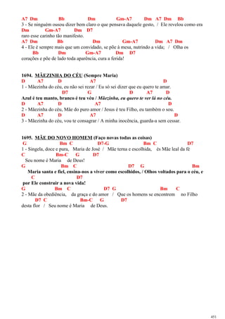 A7 Dm Bb Dm Gm-A7 Dm A7 Dm Bb
3 - Se ninguém ousou dizer bem claro o que pensava daquele gesto, / Ele revelou como era
Dm Gm-A7 Dm D7
raro esse carinho tão manifesto.
A7 Dm Bb Dm Gm-A7 Dm A7 Dm
4 - Ele é sempre mais que um convidado, se põe à mesa, nutrindo a vida; / Olha os
Bb Dm Gm-A7 Dm D7
corações e põe de lado toda aparência, cura a ferida!
1694. MÃEZINHA DO CÉU (Sempre Maria)
D A7 D A7 D
1 - Mãezinha do céu, eu não sei rezar / Eu só sei dizer que eu quero te amar.
D7 G D A7 D
Azul é teu manto, branco é teu véu / Mãezinha, eu quero te ver lá no céu.
D A7 D A7 D
2 - Mãezinha do céu, Mãe do puro amor / Jesus é teu Filho, eu também o sou.
D A7 D A7 D
3 - Mãezinha do céu, vou te consagrar / A minha inocência, guarda-a sem cessar.
1695. MÃE DO NOVO HOMEM (Faço novas todas as coisas)
G Bm C D7-G Bm C D7
1 - Singela, doce e pura, Maria de José / Mãe terna e escolhida, és Mãe leal da fé
C Bm-C G D7
Seu nome é Maria de Deus!
G Bm C D7 G Bm
Maria santa e fiel, ensina-nos a viver como escolhidos, / Olhos voltados para o céu, e
C D7
por Ele construir a nova vida!
G Bm C D7 G Bm C
2 - Mãe da obediência, da graça e do amor / Que os homens se encontrem no Filho
D7 C Bm-C G D7
desta flor / Seu nome é Maria de Deus.
451
 