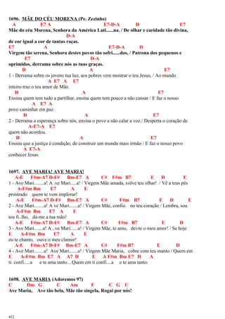 1696. MÃE DO CÉU MORENA (Pe. Zezinho)
A E7 A E7-D-A D E7
Mãe do céu Morena, Senhora da América Lati......na. / De olhar e caridade tão divina,
D-A
de cor igual a cor de tantas raças.
E7 A E7-D-A D
Virgem tão serena, Senhora destes povos tão sofri......dos, / Patrona dos pequenos e
E7 D-A
oprimidos, derrama sobre nós as tuas graças.
D A E7
1 - Derrama sobre os jovens tua luz, aos pobres vem mostrar o teu Jesus, / Ao mundo
A E7 A E7
inteiro traz o teu amor de Mãe.
D A E7
Ensina quem tem tudo a partilhar, ensina quem tem pouco a não cansar / E faz o nosso
A E7 A
povo caminhar em paz.
D A E7
2 - Derrama a esperança sobre nós, ensina o povo a não calar a voz./ Desperta o coração de
A-E7-A E7
quem não acordou.
D A E7
Ensina que a justiça é condição, de construir um mundo mais irmão / E faz o nosso povo
A E7-A
conhecer Jesus.
1697. AVE MARIA! AVE MARIA!
A-E F#m-A7 D-F# Bm-E7 A C# F#m B7 E D E
1 - Ave Mari........a! A .ve Mari.....a! / Virgem Mãe amada, volve teu olhar! / Vê a teus pés
A-F#m Bm E7 A E
prostrado quem te vem implorar!
A-E F#m-A7 D-F# Bm-E7 A C# F#m B7 E D E
2 - Ave Mari........a! A ve Mari.......a! / Virgem Mãe, confio no teu coração / Lembra, sou
A-F#m Bm E7 A E
teu fi..lho, dá-me a tua mão!
A-E F#m-A7 D-F# Bm-E7 A C# F#m B7 E D
3 - Ave Mari.......a! A ..ve Mari......a! / Virgem Mãe, te amo, dei-te o meu amor! / Se hoje
E A-F#m Bm E7 A E
eu te chamo, ouve o meu clamor!
A-E F#m-A7 D-F# Bm-E7 A C# F#m B7 E D
4 - Ave Mari........a! Ave Mari.......a! / Virgem Mãe Maria, cobre com teu manto / Quem em
E A-F#m Bm E7 A A7 D E A F#m Bm E7 D A
ti confi.....a e te ama tanto... Quem em ti confi....a e te ama tanto.
1698. AVE MARIA (Adoremos 97)
C Dm G C Am F C G C
Ave Maria, Ave tão bela, Mãe tão singela, Rogai por nós!
452
 