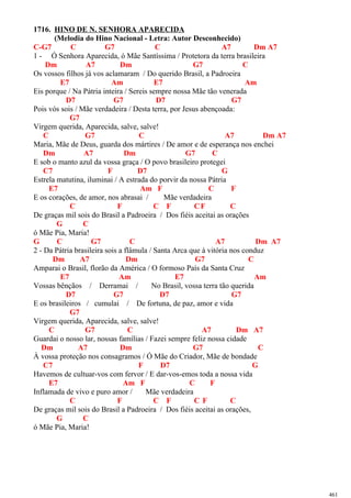 1716. HINO DE N. SENHORA APARECIDA
(Melodia do Hino Nacional - Letra: Autor Desconhecido)
C-G7 C G7 C A7 Dm A7
1 - Ó Senhora Aparecida, ó Mãe Santíssima / Protetora da terra brasileira
Dm A7 Dm G7 C
Os vossos filhos já vos aclamaram / Do querido Brasil, a Padroeira
E7 Am E7 Am
Eis porque / Na Pátria inteira / Sereis sempre nossa Mãe tão venerada
D7 G7 D7 G7
Pois vós sois / Mãe verdadeira / Desta terra, por Jesus abençoada:
G7
Virgem querida, Aparecida, salve, salve!
C G7 C A7 Dm A7
Maria, Mãe de Deus, guarda dos mártires / De amor e de esperança nos enchei
Dm A7 Dm G7 C
E sob o manto azul da vossa graça / O povo brasileiro protegei
C7 F D7 G
Estrela matutina, iluminai / A estrada do porvir da nossa Pátria
E7 Am F C F
E os corações, de amor, nos abrasai / Mãe verdadeira
C F C F CF C
De graças mil sois do Brasil a Padroeira / Dos fiéis aceitai as orações
G C
ó Mãe Pia, Maria!
G C G7 C A7 Dm A7
2 - Da Pátria brasileira sois a flâmula / Santa Arca que à vitória nos conduz
Dm A7 Dm G7 C
Amparai o Brasil, florão da América / O formoso País da Santa Cruz
E7 Am E7 Am
Vossas bênçãos / Derramai / No Brasil, vossa terra tão querida
D7 G7 D7 G7
E os brasileiros / cumulai / De fortuna, de paz, amor e vida
G7
Virgem querida, Aparecida, salve, salve!
C G7 C A7 Dm A7
Guardai o nosso lar, nossas famílias / Fazei sempre feliz nossa cidade
Dm A7 Dm G7 C
À vossa proteção nos consagramos / Ó Mãe do Criador, Mãe de bondade
C7 F D7 G
Havemos de cultuar-vos com fervor / E dar-vos-emos toda a nossa vida
E7 Am F C F
Inflamada de vivo e puro amor / Mãe verdadeira
C F C F C F C
De graças mil sois do Brasil a Padroeira / Dos fiéis aceitai as orações,
G C
ó Mãe Pia, Maria!
461
 