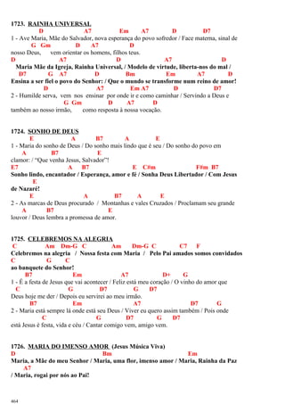 1723. RAINHA UNIVERSAL
D A7 Em A7 D D7
1 - Ave Maria, Mãe do Salvador, nova esperança do povo sofredor / Face materna, sinal de
G Gm D A7 D
nosso Deus, vem orientar os homens, filhos teus.
D A7 D A7 D
Maria Mãe da Igreja, Rainha Universal, / Modelo de virtude, liberta-nos do mal /
D7 G A7 D Bm Em A7 D
Ensina a ser fiel o povo do Senhor: / Que o mundo se transforme num reino de amor!
D A7 Em A7 D D7
2 - Humilde serva, vem nos ensinar por onde ir e como caminhar / Servindo a Deus e
G Gm D A7 D
também ao nosso irmão, como resposta à nossa vocação.
1724. SONHO DE DEUS
E A B7 A E
1 - Maria do sonho de Deus / Do sonho mais lindo que é seu / Do sonho do povo em
A B7 E
clamor: / “Que venha Jesus, Salvador”!
E7 A B7 E C#m F#m B7
Sonho lindo, encantador / Esperança, amor e fé / Sonha Deus Libertador / Com Jesus
E
de Nazaré!
E A B7 A E
2 - As marcas de Deus procurado / Montanhas e vales Cruzados / Proclamam seu grande
A B7 E
louvor / Deus lembra a promessa de amor.
1725. CELEBREMOS NA ALEGRIA
C Am Dm-G C Am Dm-G C C7 F
Celebremos na alegria / Nossa festa com Maria / Pelo Pai amados somos convidados
C G C
ao banquete do Senhor!
B7 Em A7 D+ G
1 - É a festa de Jesus que vai acontecer / Feliz está meu coração / O vinho do amor que
C G D7 G D7
Deus hoje me der / Depois eu servirei ao meu irmão.
B7 Em A7 D7 G
2 - Maria está sempre lá onde está seu Deus / Viver eu quero assim também / Pois onde
C G D7 G D7
está Jesus é festa, vida e céu / Cantar comigo vem, amigo vem.
1726. MARIA DO IMENSO AMOR (Jesus Música Viva)
D Bm Em
Maria, a Mãe do meu Senhor / Maria, uma flor, imenso amor / Maria, Rainha da Paz
A7
/ Maria, rogai por nós ao Pai!
464
 