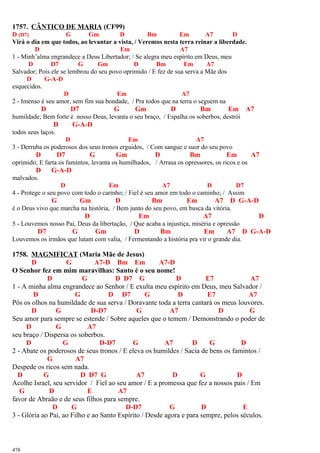 1757. CÂNTICO DE MARIA (CF99)
D (D7) G Gm D Bm Em A7 D
Virá o dia em que todos, ao levantar a vista, / Veremos nesta terra reinar a liberdade.
D Em A7
1 - Minh’alma engrandece a Deus Libertador; / Se alegra meu espírito em Deus, meu
D D7 G Gm D Bm Em A7
Salvador; Pois ele se lembrou do seu povo oprimido / E fez de sua serva a Mãe dos
D G-A-D
esquecidos.
D Em A7
2 - Imenso é seu amor, sem fim sua bondade, / Pra todos que na terra o seguem na
D D7 G Gm D Bm Em A7
humildade; Bem forte é nosso Deus, levanta o seu braço, / Espalha os soberbos, destrói
D G-A-D
todos seus laços.
D Em A7
3 - Derruba os poderosos dos seus tronos erguidos, / Com sangue e suor do seu povo
D D7 G Gm D Bm Em A7
oprimido; E farta os famintos, levanta os humilhados, / Arrasa os opressores, os ricos e os
D G-A-D
malvados.
D Em A7 D D7
4 - Protege o seu povo com todo o carinho; / Fiel é seu amor em todo o caminho; / Assim
G Gm D Bm Em A7 D G-A-D
é o Deus vivo que marcha na história, / Bem junto do seu povo, em busca da vitória.
D Em A7 D
5 - Louvemos nosso Pai, Deus da libertação, / Que acaba a injustiça, miséria e opressão
D7 G Gm D Bm Em A7 D G-A-D
Louvemos os irmãos que lutam com valia, / Fermentando a história pra vir o grande dia.
1758. MAGNIFICAT (Maria Mãe de Jesus)
D G A7-D Bm Em A7-D
O Senhor fez em mim maravilhas: Santo é o seu nome!
D G D D7 G D E7 A7
1 - A minha alma engrandece ao Senhor / E exulta meu espírito em Deus, meu Salvador /
D G D D7 G D E7 A7
Pôs os olhos na humildade de sua serva / Doravante toda a terra cantará os meus louvores.
D G D-D7 G A7 D G
Seu amor para sempre se estende / Sobre aqueles que o temem / Demonstrando o poder de
D G A7
seu braço / Dispersa os soberbos.
D G D-D7 G A7 D G D
2 - Abate os poderosos de seus tronos / E eleva os humildes / Sacia de bens os famintos /
G A7
Despede os ricos sem nada.
D G D D7 G A7 D G D
Acolhe Israel, seu servidor / Fiel ao seu amor / E a promessa que fez a nossos pais / Em
G D E A7
favor de Abraão e de seus filhos para sempre.
D G D-D7 G D E
3 - Glória ao Pai, ao Filho e ao Santo Espírito / Desde agora e para sempre, pelos séculos.
478
 
