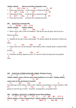 Aleluia, aleluia! Boa-nova de Deus chegando a nós!
E G#7 C#m A B7 E B7
1 - Tudo o que fala Jesus revela o pensar e a Palavra de Deus!
E G#7 C#m A B7 E B7
2 - Toda ação de Jesus revela de Deus a maneira de agir!
E G#7 C#m A B7 E B7
3 - Todo amor de Jesus revela do Pai a maneira de amar!
201. ALELUIA! (Liturgia III)
C Am-Dm Gm G7-C
Aleluia, aleluia! Aleluia, aleluia!
C Em Dm G7
1 - Sobre a terra, sede e fome eu mandarei / Não de pão nem de água, mas de ouvir a
C
Palavra de Deus.
C Em Dm G7
2 - Andarão de um mar a outro, procurando / No desejo ardente de encontrar a Palavra de
C
Deus.
C Em Dm G7
3 - Toda a terra viu a luz da salvação / Que brilhou sobre o mundo desde a vinda do Filho
C
de Deus.
C Em Dm G7
4 - O Espírito de Deus repousa em nós / E a terra se enche da riqueza de seus grandes
C
dons.
202. ALELUIA, COMO O PAI ME AMOU (Waldeci Farias)
G C D7 G C
Aleluia, aleluia, como o Pai me amou assim também eu vos amei / Aleluia, aleluia,
D7 G D7
como estou no Pai, permanecei em mim!
G Em Am D7 G
Vós todos que sofreis aflitos, vinde a mim / Repouso encontrarão os vossos corações / Dou
G7 C Cm G D7 G
graças ao meu Pai que revelou / Ao pobre, ao pequenino, seu grande amor!
203. GLÓRIA, ALELUIA A CRISTO (Irmã Míria Kolling)
F C7 F Bb C7 F F7 Bb Bbº F C7 F
Glória, aleluia a Cristo, aclamai de pé! / Glória, aleluia a Cristo, luz de nossa fé!
F D7 Gm C7 Bb-F C7 Dm Bb F
49
 
