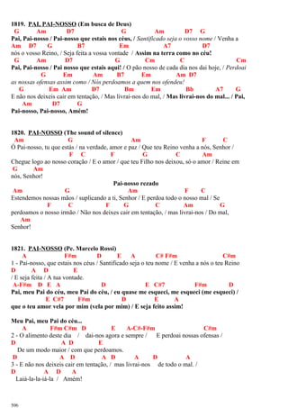 1819. PAI, PAI-NOSSO (Em busca de Deus)
G Am D7 G Am D7 G
Pai, Pai-nosso / Pai-nosso que estais nos céus, / Santificado seja o vosso nome / Venha a
Am D7 G B7 Em A7 D7
nós o vosso Reino, / Seja feita a vossa vontade / Assim na terra como no céu!
G Am D7 G Cm C Cm
Pai, Pai-nosso / Pai nosso que estais aqui! / O pão nosso de cada dia nos dai hoje, / Perdoai
G Em Am B7 Em Am D7
as nossas ofensas assim como / Nós perdoamos a quem nos ofendeu!
G Em Am D7 Bm Em Bb A7 G
E não nos deixeis cair em tentação, / Mas livrai-nos do mal, / Mas livrai-nos do mal... / Pai,
Am D7 G
Pai-nosso, Pai-nosso, Amém!
1820. PAI-NOSSO (The sound of silence)
Am G Am F C
Ó Pai-nosso, tu que estás / na verdade, amor e paz / Que teu Reino venha a nós, Senhor /
F C F G C Am
Chegue logo ao nosso coração / E o amor / que teu Filho nos deixou, só o amor / Reine em
G Am
nós, Senhor!
Pai-nosso rezado
Am G Am F C
Estendemos nossas mãos / suplicando a ti, Senhor / E perdoa todo o nosso mal / Se
F C F G C Am G
perdoamos o nosso irmão / Não nos deixes cair em tentação, / mas livrai-nos / Do mal,
Am
Senhor!
1821. PAI-NOSSO (Pe. Marcelo Rossi)
A F#m D E A C# F#m C#m
1 - Pai-nosso, que estais nos céus / Santificado seja o teu nome / E venha a nós o teu Reino
D A D E
/ E seja feita / A tua vontade.
A-F#m D E A D E C#7 F#m D
Pai, meu Pai do céu, meu Pai do céu, / eu quase me esqueci, me esqueci (me esqueci) /
E C#7 F#m D E A
que o teu amor vela por mim (vela por mim) / E seja feito assim!
Meu Pai, meu Pai do céu...
A F#m C#m D E A-C#-F#m C#m
2 - O alimento deste dia / dai-nos agora e sempre / E perdoai nossas ofensas /
D A D E
De um modo maior / com que perdoamos.
D A D A D A D A
3 - E não nos deixeis cair em tentação, / mas livrai-nos de todo o mal. /
D A D A
Laiá-la-la-iá-la / Amém!
506
 