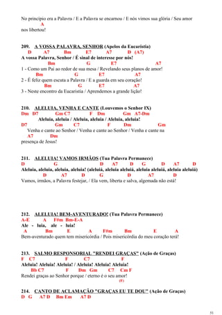 No princípio era a Palavra / E a Palavra se encarnou / E nós vimos sua glória / Seu amor
A
nos libertou!
209. A VOSSA PALAVRA, SENHOR (Apelos da Eucaristia)
D A7 Bm E7 A7 D (A7)
A vossa Palavra, Senhor / É sinal de interesse por nós!
Bm G E7 A7
1 - Como um Pai ao redor de sua mesa / Revelando seus planos de amor!
Bm G E7 A7
2 - É feliz quem escuta a Palavra / E a guarda em seu coração!
Bm G E7 A7
3 - Neste encontro da Eucaristia / Aprendemos a grande lição!
210. ALELUIA, VENHA E CANTE (Louvemos o Senhor IX)
Dm D7 Gm C7 F Dm Gm A7-Dm
Aleluia, aleluia / Aleluia, aleluia / Aleluia, aleluia!
D7 Gm C7 F Dm Gm
Venha e cante ao Senhor / Venha e cante ao Senhor / Venha e cante na
A7 Dm
presença de Jesus!
211. ALELUIA! VAMOS IRMÃOS (Tua Palavra Permanece)
D G D A7 D G D A7 D
Aleluia, aleluia, aleluia, aleluia! (aleluiá, aleluia aleluiá, aleluia aleluiá, aleluia aleluiá)
D A7 D G D A7 D
Vamos, irmãos, a Palavra festejar, / Ela vem, liberta e salva, algemada não está!
212. ALELUIA! BEM-AVENTURADO! (Tua Palavra Permanece)
A-E A F#m Bm-E-A
Ale - luia, ale - luia!
A Bm E A F#m Bm E A
Bem-aventurado quem tem misericórdia / Pois misericórdia do meu coração terá!
213. SALMO RESPONSORIAL "RENDEI GRAÇAS" (Ação de Graças)
F C7 F C7 F
Aleluia! Aleluia! Aleluia! / Aleluia! Aleluia! Aleluia!
Bb C7 F Dm Gm C7 Cm F
Rendei graças ao Senhor porque / eterno é o seu amor!
(F)
214. CANTO DE ACLAMAÇÃO "GRAÇAS EU TE DOU" (Ação de Graças)
D G A7 D Bm Em A7 D
51
 