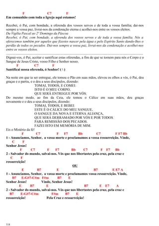 F C7 F
Em comunhão com toda a Igreja aqui estamos!
Recebei, ó Pai, com bondade, a oferenda dos vossos servos e de toda a vossa família; dai-nos
sempre a vossa paz, livrai-nos da condenação eterna e acolhei-nos entre os vossos eleitos.
Da Vigília Pascal ao 2º Domingo da Páscoa
Recebei, ó Pai, com bondade, a oferenda dos vossos servos e de toda a vossa família. Nós a
oferecemos também por aqueles que fizestes nascer pela água e pelo Espírito Santo dando-lhes o
perdão de todos os pecados. Dai-nos sempre a vossa paz, livrai-nos da condenação e acolhei-nos
entre os vossos eleitos.
..............................................................................................................................................................
Dignai-vos, ó Pai, aceitar e santificar estas oferendas, a fim de que se tornem para nós o Corpo e o
Sangue de Jesus Cristo, vosso Filho e Senhor nosso.
F C7 F
Santificai nossa oferenda, ó Senhor! (  )
Na noite em que ia ser entregue, ele tomou o Pão em suas mãos, elevou os olhos a vós, ó Pai, deu
graças e o partiu, e o deu a seus discípulos, dizendo:
TOMAI, TODOS, E COMEI:
ISTO É O MEU CORPO,
QUE SERÁ ENTREGUE POR VÓS.
Do mesmo modo, ao fim da Ceia, ele tomou o Cálice em suas mãos, deu graças
novamente e o deu a seus discípulos, dizendo:
TOMAI, TODOS, E BEBEI:
ESTE É O CÁLICE DO MEU SANGUE,
O SANGUE DA NOVA E ETERNA ALIANÇA,
QUE SERÁ DERRAMADO POR VÓS E POR TODOS
PARA REMISSÃO DOS PECADOS.
FAZEI ISTO EM MEMÓRIA DE MIM.
Eis o Mistério da fé!
F C7 F F7 Bb C7 F F7 Bb
1 - Anunciamos, Senhor, a vossa morte e proclamamos a vossa ressurreição. Vinde,
C F
Senhor Jesus!
F C7 F F7 Bb C7 F F7 Bb
2 - Salvador do mundo, salvai-nos. Vós que nos libertastes pela cruz, pela cruz e
C F
ressurreição!
OU
E B7 E B7 E E7 A
1 - Anunciamos, Senhor, a vossa morte e proclamamos vossa ressurreição. Vinde,
B7 E-G#7-C#m F#m B7 E
Senhor Jesus! Vinde, Senhor Jesus!
E B7 E B7 E E7 A
2 - Salvador do mundo, salvai-nos. Vós que nos libertastes pela cruz, pela cruz e
B7 E-G#7-C#m F#m B7 E
ressurreição! Pela Cruz e ressurreição!
518
 