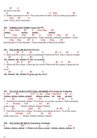 B7 E
teu amor é sem fim.
E B7 E F#m B7
2 - Senhor, queremos te ouvir / Vem com amor nos falar / Fala às crianças que estão a
F#m B7 E
sorrir / Pra ti, Jesus, neste altar.
225. TODOS LOUVANDO (Agnus Dei 97)
E C#m F#m B7 E C#m F#m B7
Aleluia, aleluia, aleluia, aleluia!
E C#m F#m B7 E C#m F#m B7 E
Todos louvando, louvando alegremente / Todos cantando, cantando sorridentes / Todos
C#m F#m B7 E C#m F#m B7
proclamando a Cristo Salvador / Todos aclamando a Palavra do Senhor!
226. PALAVRA DE PAI (Pai Eterno)
E B7 E B7 E B7 E B7 E
1 - Palavra de Pai é chuva, é chuva na plantação! Palavra de Pai é vida, é vida no coração!
B7 E B7 E
Alê, Aleluia! Alê, Aleluia! É vida no coração!
E B7 E B7 E B7 E B7
2 - Palavra de Pai é força, é força que faz crescer! Palavra de Pai é graça, é graça que faz
E
viver!
B7 E B7 E
Alê, Aleluia! Alê, Aleluia! É graça que faz viver!
227. TUA PALAVRA É FECUNDA, SENHOR! (O Coração da Trindade)
E F#7 B7 E E7 A Am G#m C#m-F#m B7 E
Aleluia, aleluia, aleluia, aleluia! Aleluia, aleluia, ale luia, ale-luia!
E Eb G#m F# B B7 E
1 - Tua Palavra é fecunda, Senhor / O Universo, os viventes, teu povo / Nela encontram
F F# G#m C#7 F# B7
razão e vigor / Aleluia! Aleluia! Aleluia! Aleluia!
E Eb G#m F# B B7 E
2 - Tua Palavra nos cria e conduz / Se caímos, nos chamas de novo / Tu és Pai, nosso
F F# G#m C#7 F# B7
Irmão, nossa Luz / Aleluia! Aleluia! Aleluia! Aleluia!
228. PALAVRA DE DEUS (Santíssima Trindade)
C F-C G C F-C
Aleluia, aleluia, aleluia / A Palavra de Deus escutai / Aleluia, aleluia, aleluia / É
54
 