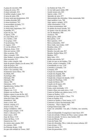 A graça do encontro, 908
A graça do reino, 593
A maior amizade, 616
A melhor oração é amar, 767
A mesa do amor, 896
A mesa santa que preparamos, 838
A minha oferenda, 869
A missa terminou, 762
A necessidade era tanta, 713
A nossa oferta, 515
A oferta mais importante, 914
A partilha, 871
A paz do céu, 787
A raposa, 1250
A ti meu Deus, 837
A ti, Senhor, 1105
A tua graça, 1103
A tua presença, 781
A viagem, 1241
A voz do silêncio, 977
Abençoa, Jesus, 1142
Abra um sorriso, 1202
Abre as portas, 520
Abre o coração, 1201
Abre Senhor, os meus lábios, 766
Abre tua porta, 512
Abro o meu coração, 500
Ação de graças chama viva de amor, 943
Ação de graças, 591
Ação misericordiosa, 856
Achei o teu caminho, 950
Aclamemos nosso Deus, 750
Acolhida, 683
Aconchego, 602
Adoração, 959
Adoração, 982
Adorai, 988
Adoremos, 1076
Agradecemos, Senhor, 901
Água viva, 951
Alegrai-vos, 1133
Alegrai-vos em Deus, 730
Alegres vamos à casa do Pai, 883
Aleluia, o Senhor ressuscitou, 573
Alma de Cristo, 986
Amanhecer, 540
Amar e rezar, 697
Amarás, amarás, 677
Amar-te mais, 1014
Amigo verdadeiro, 1083
Amigos para sempre, 1170
Amor e vida nova, 916
Amor maior, 1038
Anjo de Deus, 1118
Anjos de Deus, 1119
Anuncia-me, 636
Ao menos uma canção, 892
Ao orarmos, 1002
Ao Príncipe da paz, 1204
Ao que está sentado no Trono, 1065
Ao Senhor da Vida, 575
Ao teu lado quero andar, 800
Aonde iremos nós, 842
Aperte a mão, 1243
Aprendei de mim, 877
Apresentação das oferendas: Alma enamorada, 944
Aqui também é céu, 700
Aqui, agora e sempre, 1079
Ardor missionário, 1230
As bem-aventuranças, 849
As pedras da nossa estrada, 763
As quatro velas do advento, 501
Ato de abandono, 990
Ausência, 798
Basta querer, 1005
Bata palma, 1239
Bem supremo, 1033
Bem-aventurados, 1047
Bem-vindo, meu irmão, 1245
Benditas mãos, 619
Bendito és tu, 965
Bendito, louvado seja, 967
Bendito, Senhor Deus, 937
Betânia, 1037
Bole, bole, 1251
Brilha uma estrela, 547
Cada vez que eu me lembro, 728
Calmo, sereno e tranqüilo, 1190
Caminhando eu vou, 1195
Caminhos e jornadas, 710
Cananéia, 928
Canção da caminhada, 961
Canção da chegada, 966
Canção da unidade, 1109
Canção das crianças do mundo, 1232
Canção do Decálogo, 1226
Canção do Reino, 857
Canção em fé maior, 694
Canta comigo, 1206
Canta, canta meninada, 1231
Cantai a Deus um canto novo, 1145
Cantai ao Senhor um cântico novo, 1173
Cantai ao Senhor, 1223
Cantarei ao meu Senhor e Deus, 774
Cante ao Senhor, 813
Cantem ao Senhor a Terra inteira, 1177
Cantemos a Jesus Sacramentado, 969
Cantemos... Hoje e depois, 945
Cantiga franciscana, 696
Canto de comunhão: Teu pão, ó Senhor, nos sustenta,
658
Canto de despedida: Evangelizar é mais fazer, 655
Canto de entrada: O Reino de Deus vamos semear, 888
Canto de entrada: Te louvo, meu Senhor, 885
Canto de Mirian, 897
Canto de Natal, 544
Canto de oferendas: Pão e vinho de nossas culturas, 641
Canto de paz, 1194
Canto de vitória, 577
Canto do passarinho, 1253
548
 