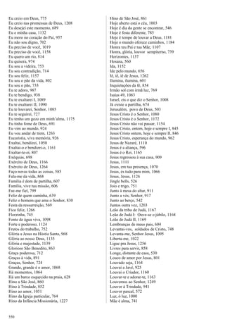 Eu creio em Deus, 775
Eu creio nas promessas de Deus, 1208
Eu desejei este momento, 689
Eu e minha casa, 1132
Eu moro no coração do Pai, 957
Eu não sou digno, 702
Eu preciso de você, 1019
Eu preciso de você, 1158
Eu quero um rio, 814
Eu quisera, 974
Eu sou a videira, 753
Eu sou contradição, 714
Eu sou feliz, 1157
Eu sou o pão da vida, 802
Eu sou o pão, 733
Eu te adoro, 987
Eu te bendigo, 938
Eu te exaltarei I, 1089
Eu te exaltarei II, 1090
Eu te louvarei, Senhor, 1085
Eu te seguirei, 727
Eu tenho um gozo em minh’alma, 1175
Eu tinha fome de Deus, 691
Eu vim ao mundo, 924
Eu vou andar de trem, 1263
Eucaristia, viva memória, 926
Exaltai, bendizei, 1050
Exaltai-o e bendizei-o, 1161
Exaltar-te-ei, 807
Exéquias, 698
Exército de Deus, 1166
Exército de Deus, 1264
Faço novas todas as coisas, 585
Fala-me da vida, 868
Família é dom de partilha, 607
Família, vive tua missão, 606
Faz-me fiel, 799
Feliz de quem caminha, 639
Feliz o homem que ama o Senhor, 830
Festa da ressurreição, 569
Fico feliz, 1266
Florzinha, 745
Fonte de água viva, 1098
Forte e poderoso, 1124
Frutos do trabalho, 752
Glória a Jesus na Hóstia Santa, 968
Glória ao nosso Deus, 1135
Glória e majestade, 1139
Glorioso São Benedito, 863
Graça poderosa, 712
Graças à vida, 891
Graças, Senhor, 724
Grande, grande é o amor, 1068
Há momentos, 1064
Há um barco esquecido na praia, 628
Hino a São José, 860
Hino à Trindade, 852
Hino ao amor, 1051
Hino da Igreja particular, 764
Hino da Infância Missionária, 1227
Hino de São José, 861
Hoje aberto está o céu, 1003
Hoje é dia da gente se encontrar, 546
Hoje é festa diferente, 785
Hoje é tempo de louvar a Deus, 1181
Hoje o mundo oferece caminhos, 1184
Honra teu Pai e tua Mãe, 1107
Honra, glória, louvor sempiterno, 739
Horizontes, 1137
Hosana, 560
Ida, 1152
Ide pelo mundo, 656
Iê, iê, iê de Jesus, 1262
Ilumina, ilumina, 601
Inquietações da fé, 854
Irmão sol com irmã luz, 769
Isaias 49, 1063
Israel, eis o que diz o Senhor, 1008
Já existe a partilha, 674
Jerusalém, povo de Deus, 503
Jesus Cristo é o Senhor, 1080
Jesus Cristo é o Senhor, 1172
Jesus Cristo não vai passar, 1154
Jesus Cristo, ontem, hoje e sempre I, 845
Jesus Cristo ontem, hoje e sempre II, 846
Jesus Cristo, esperança do mundo, 962
Jesus de Nazaré, 1110
Jesus é a aliança, 596
Jesus é o Rei, 1165
Jesus regressou à sua casa, 909
Jesus, 1111
Jesus, em tua presença, 1070
Jesus, és tudo para mim, 1066
Jesus, Jesus, 1126
Jingle bells, 526
Joio e trigo, 751
Junto à mesa do altar, 911
Junto a vós, Senhor, 917
Junto ao berço, 542
Juntos outra vez, 1203
Leão da tribo de Judá, 1167
Leão de Judá I: Ouve-se o júbilo, 1168
Leão de Judá II, 1169
Lembranças de meus pais, 604
Levantai-vos, soldados de Cristo, 748
Levanta-me, Senhor Jesus, 1095
Liberta-me, 1022
Ligue pra Jesus, 1256
Livres para servir, 858
Longe, distante de casa, 530
Louco de amor por Jesus, 801
Louvado seja, 1164
Louvai a Javé, 925
Louvai o Criador, 1160
Louvar-te e adorar-te, 1163
Louvemos ao Senhor, 1249
Louvor à Trindade, 941
Louvor pascal, 572
Luz, ó luz, 1000
Mãe é alma, 741
550
 